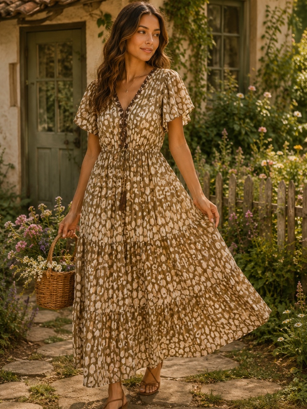 Kaktus Beaded V-Neck Boho Midi Dress